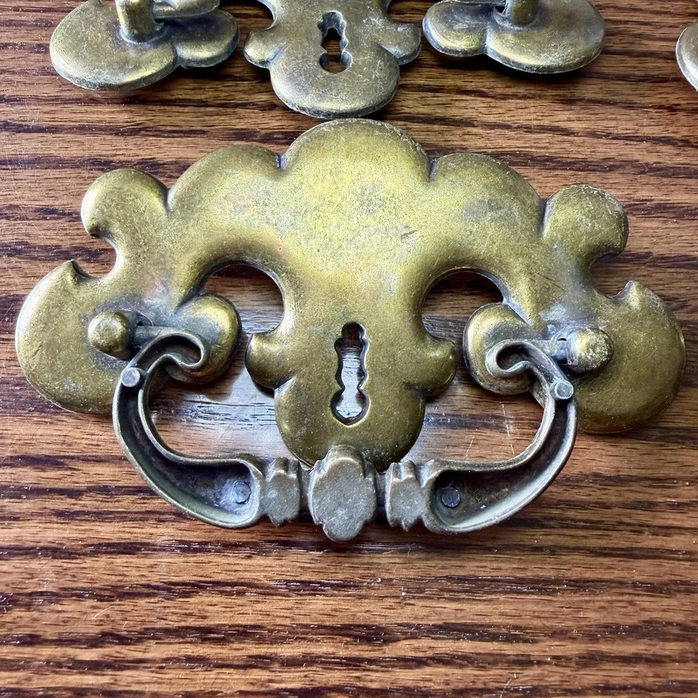 Vtg Ornate Brass Chippendale Drawer Pull Backplates French Provincial Set 6